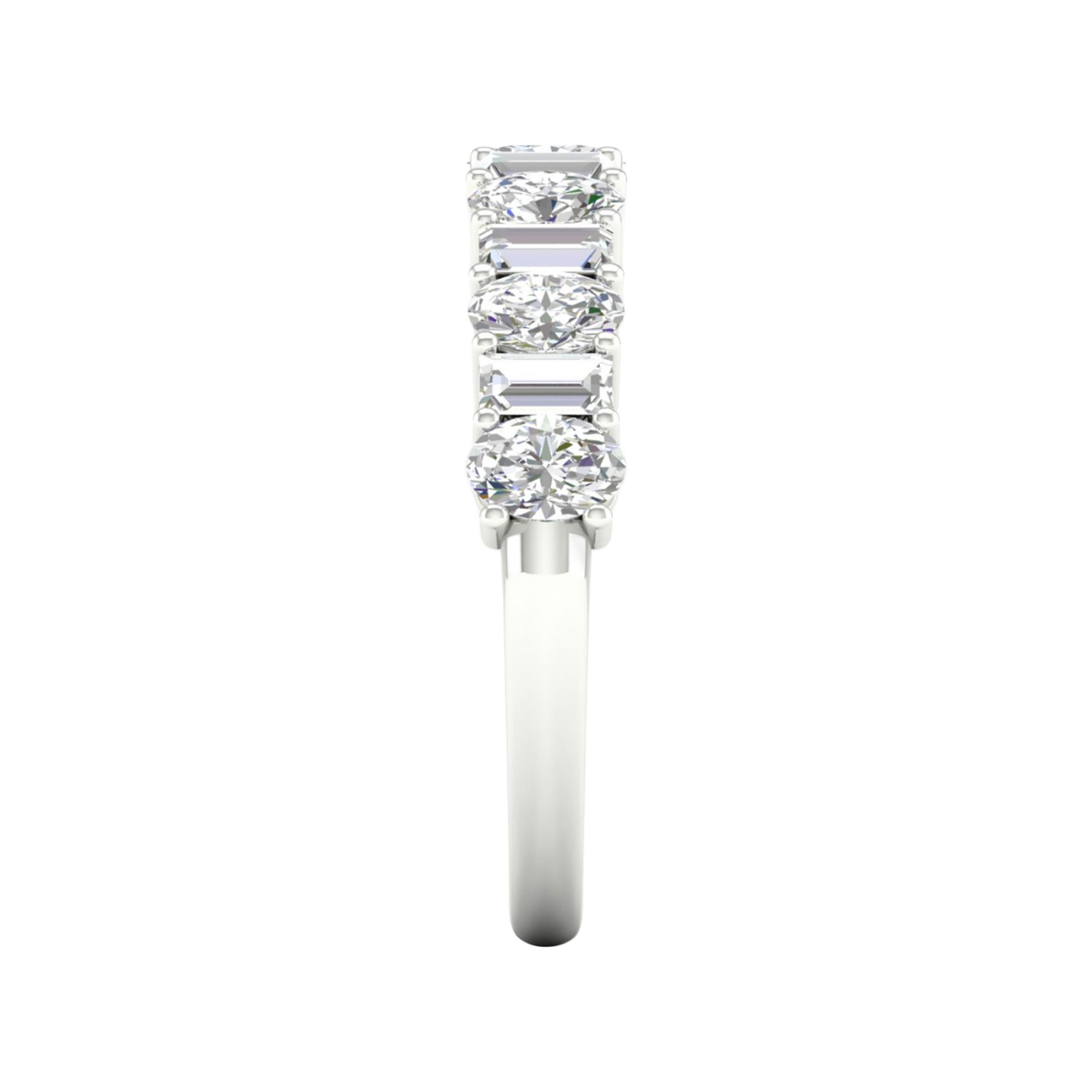 A side-profile view of a 14K white gold eternity ring, showing the clean, open setting of the diamonds.