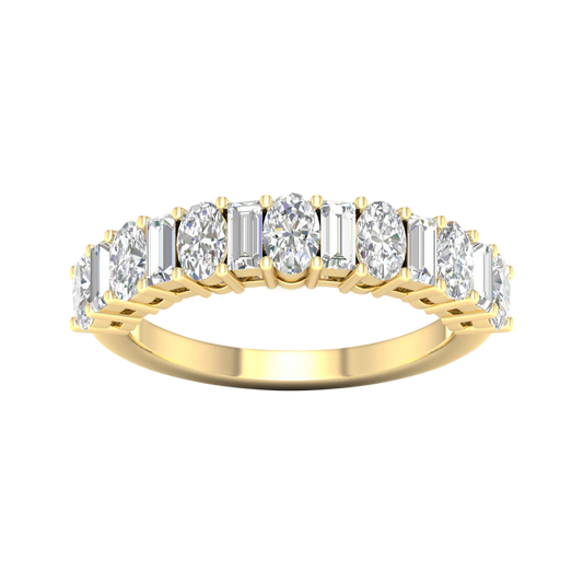 A top-down view of a 14K yellow gold eternity ring with a continuous line of horizontally-set round diamonds.