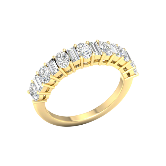 An angled view of a 14K yellow gold eternity ring, showcasing the brilliant line of round diamonds.