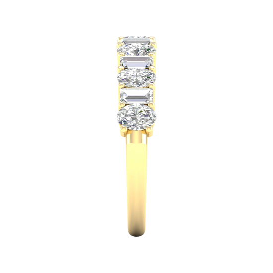 A side-profile view of a 14K yellow gold eternity ring, showing the clean, open setting of the diamonds.