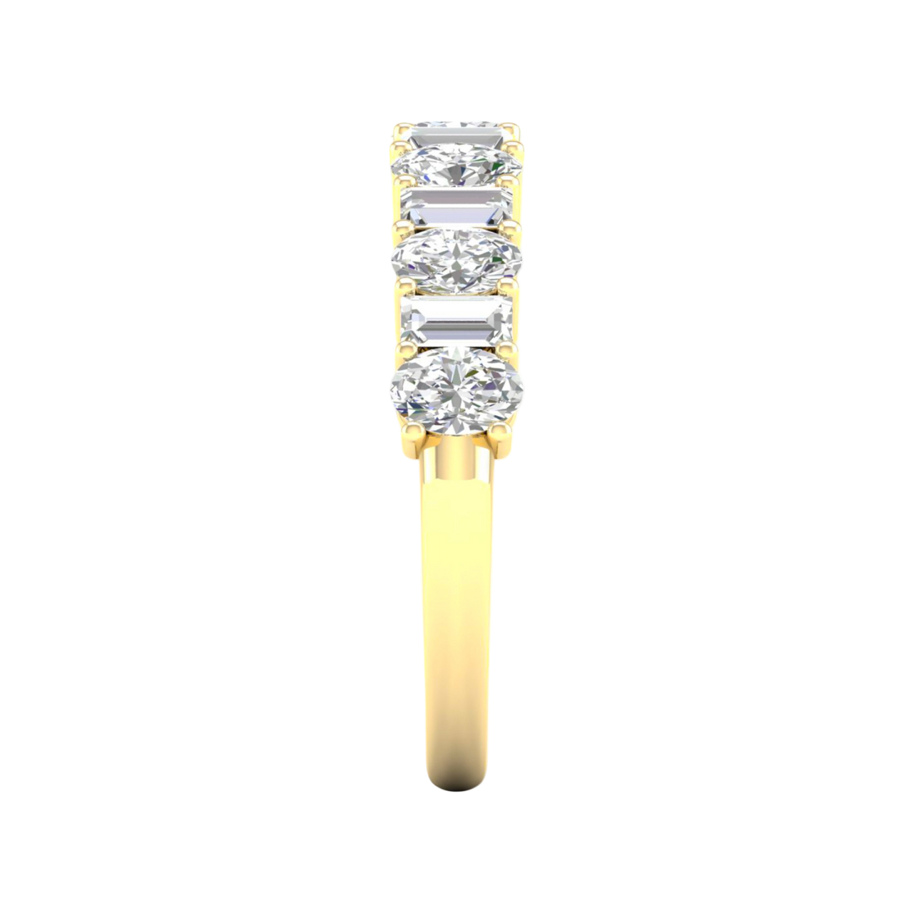 A side-profile view of a 14K yellow gold eternity ring, showing the clean, open setting of the diamonds.