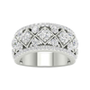 A top-down view of a 14K white gold wide band ring with a geometric pattern of princess-cut and pavé diamonds.