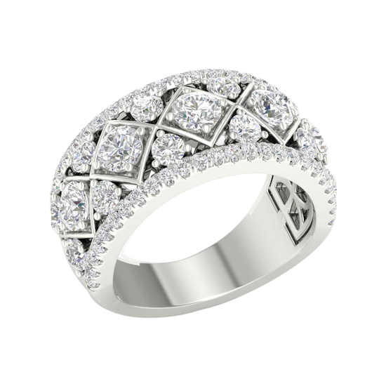 An angled view of a 14K white gold wide band ring, showcasing the magnificent, geometric pavé pattern.