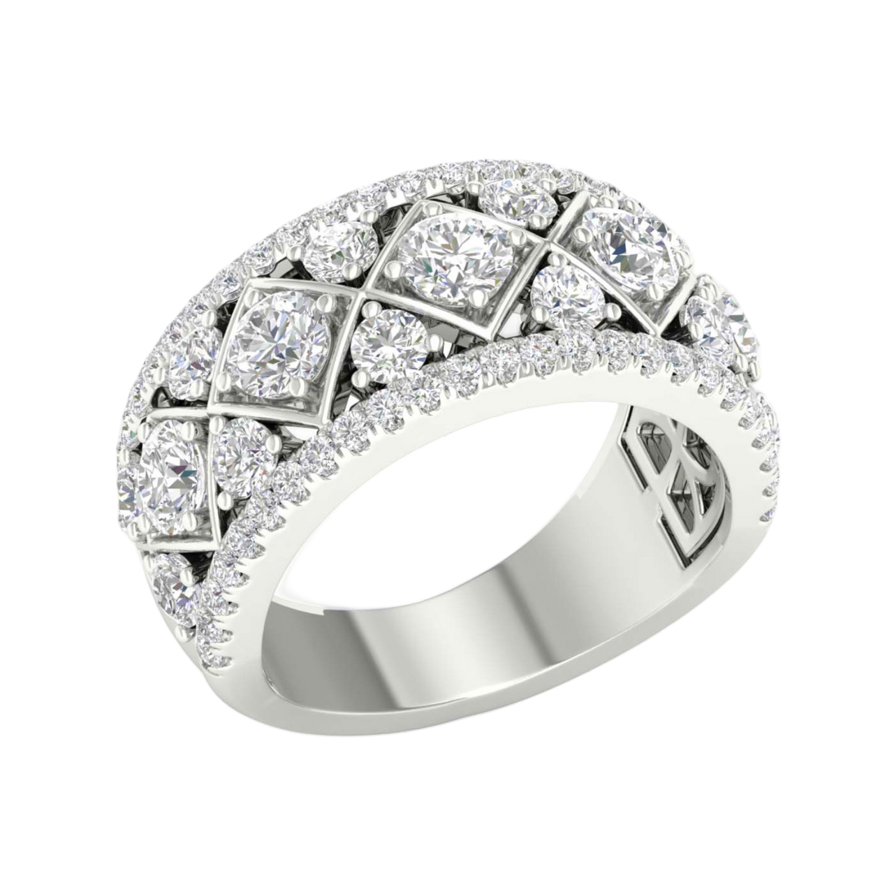 An angled view of a 14K white gold wide band ring, showcasing the magnificent, geometric pavé pattern.