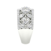 A side-profile view of a 14K white gold wide band ring, showing the domed surface and the intricate diamond setting.
