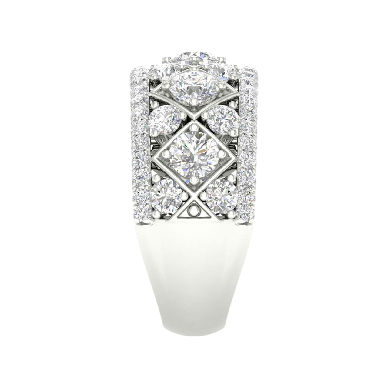 A side-profile view of a 14K white gold wide band ring, showing the domed surface and the intricate diamond setting.
