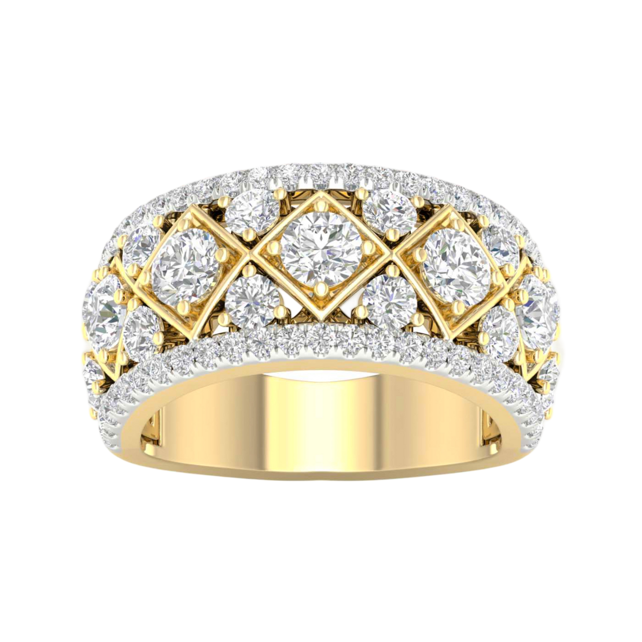 A top-down view of a 14K yellow gold wide band ring with a geometric pattern of princess-cut and pavé diamonds.