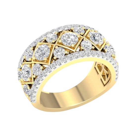 An angled view of a 14K yellow gold wide band ring, showcasing the magnificent, geometric pavé pattern.