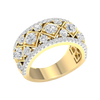 An angled view of a 14K yellow gold wide band ring, showcasing the magnificent, geometric pavé pattern.