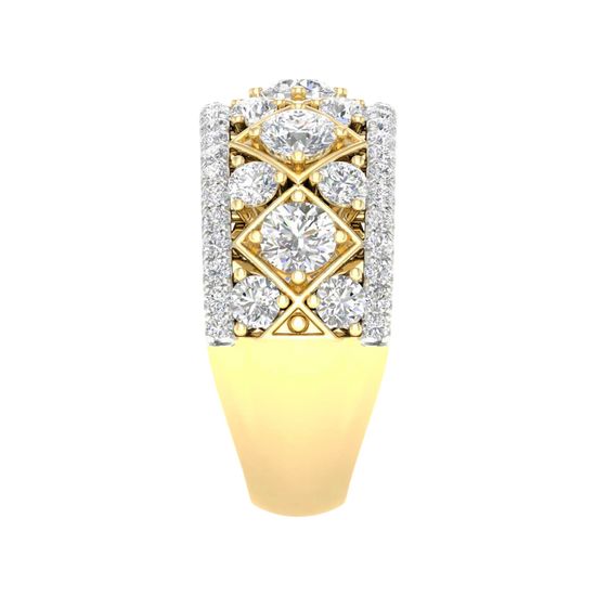 A side-profile view of a 14K yellow gold wide band ring, showing the domed surface and the intricate diamond setting.
