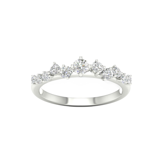 A top-down view of a 14K white gold ring with a five-stone cluster of alternating marquise and round diamonds.