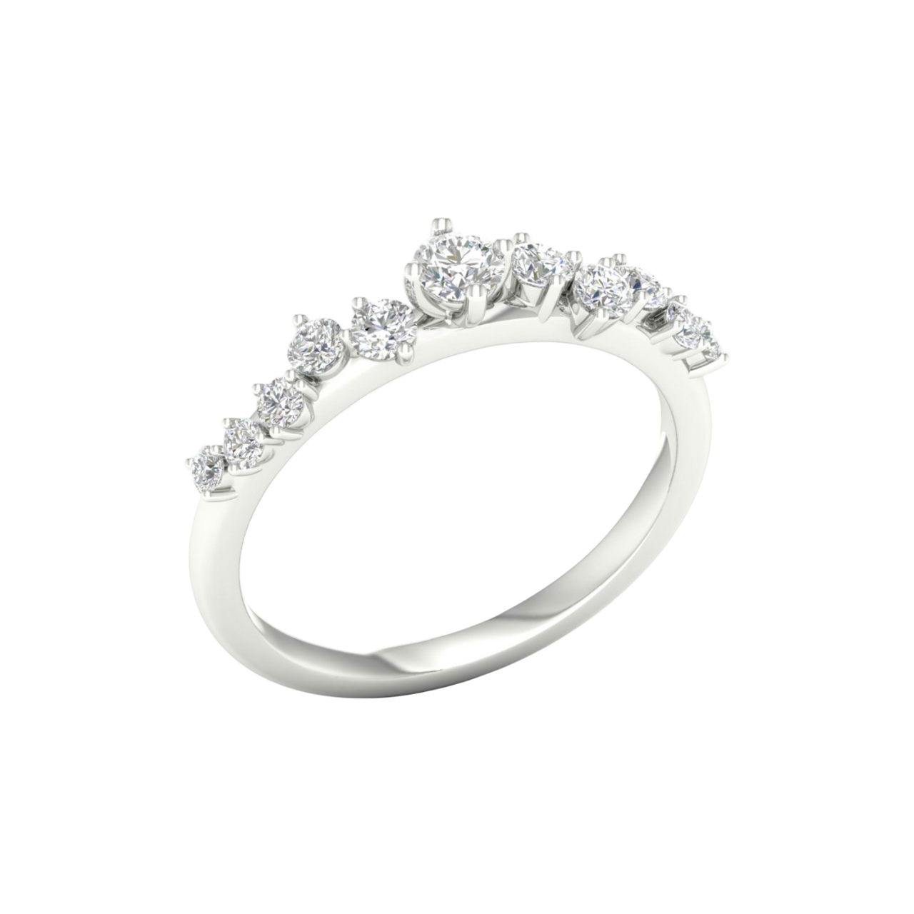 An angled view of a 14K white gold ring, showcasing the graceful curve of the five diamonds.