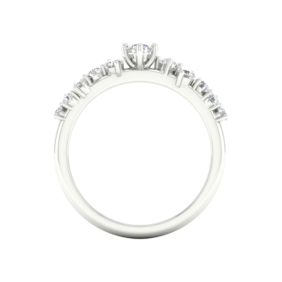 A side-profile view of a 14K white gold ring, showing the fluid band and the five-stone cluster.