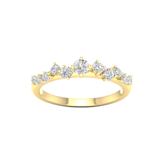 A top-down view of a 14K yellow gold ring with a five-stone cluster of alternating marquise and round diamonds.