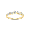 A top-down view of a 14K yellow gold ring with a five-stone cluster of alternating marquise and round diamonds.