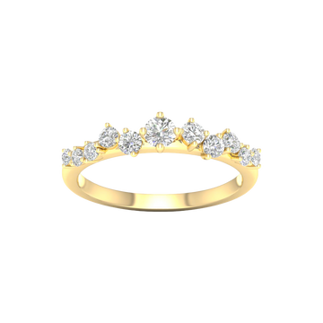 A top-down view of a 14K yellow gold ring with a five-stone cluster of alternating marquise and round diamonds.