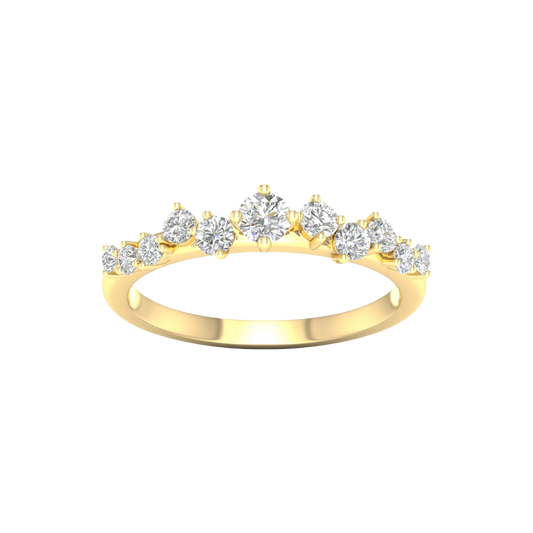 A top-down view of a 14K yellow gold ring with a five-stone cluster of alternating marquise and round diamonds.