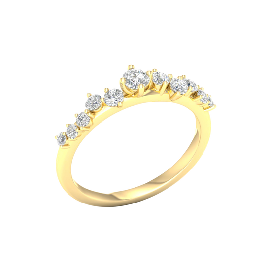 An angled view of a 14K yellow gold ring, showcasing the graceful curve of the five diamonds.