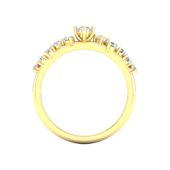 A side-profile view of a 14K yellow gold ring, showing the fluid band and the five-stone cluster.