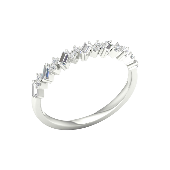An angled view of a 14K white gold band ring, showcasing the brilliant, alternating pattern of diamonds.