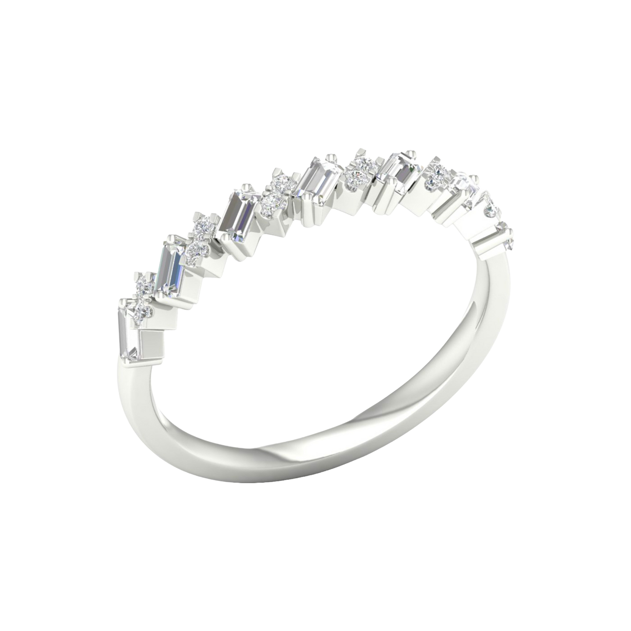 An angled view of a 14K white gold band ring, showcasing the brilliant, alternating pattern of diamonds.