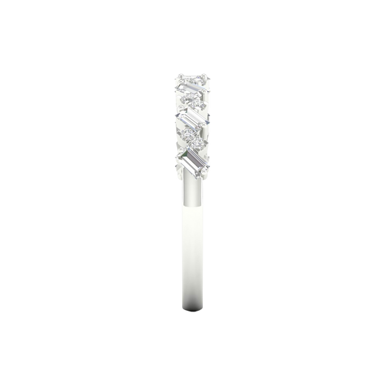 A side-profile view of a 14K white gold band ring, showing the height of the diamonds and the thin band.
