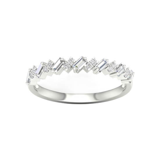 A top-down view of a 14K white gold band ring with an alternating pattern of baguette and round diamonds.