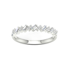 A top-down view of a 14K white gold band ring with an alternating pattern of baguette and round diamonds.