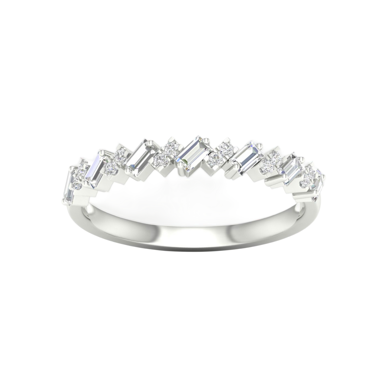 A top-down view of a 14K white gold band ring with an alternating pattern of baguette and round diamonds.