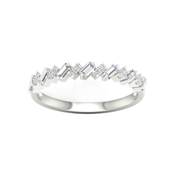 A top-down view of a 14K white gold band ring with an alternating pattern of baguette and round diamonds.