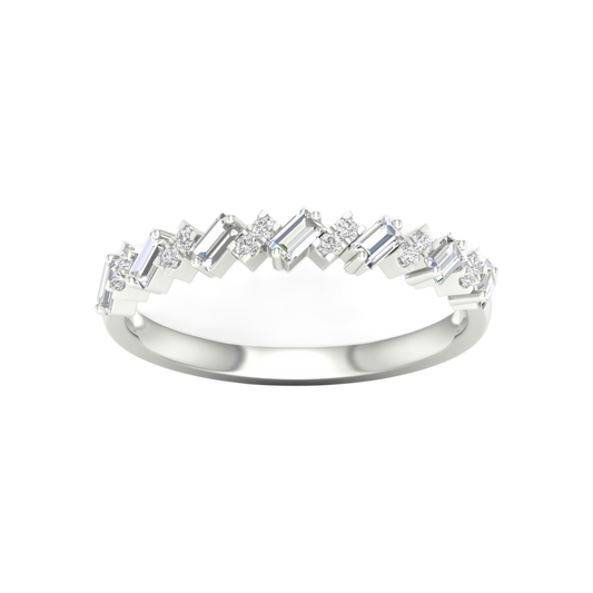 A top-down view of a 14K white gold band ring with an alternating pattern of baguette and round diamonds.