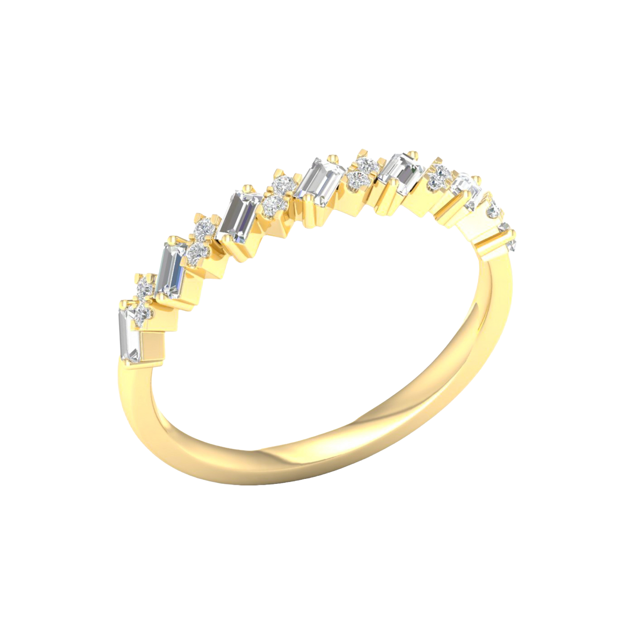 An angled view of a 14K yellow gold band ring, showcasing the brilliant, alternating pattern of diamonds.