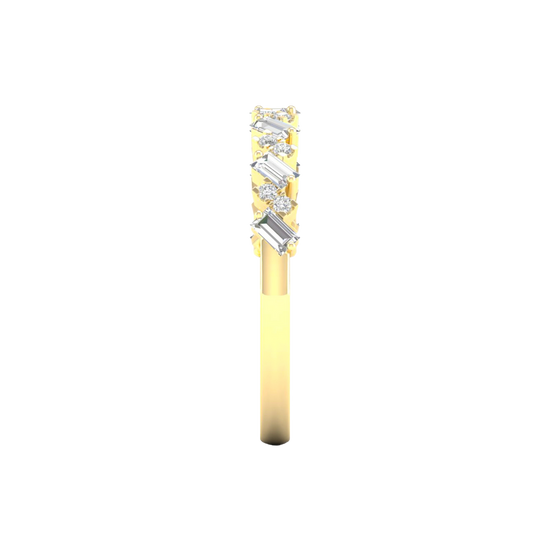 A side-profile view of a 14K yellow gold band ring, showing the height of the diamonds and the thin band.