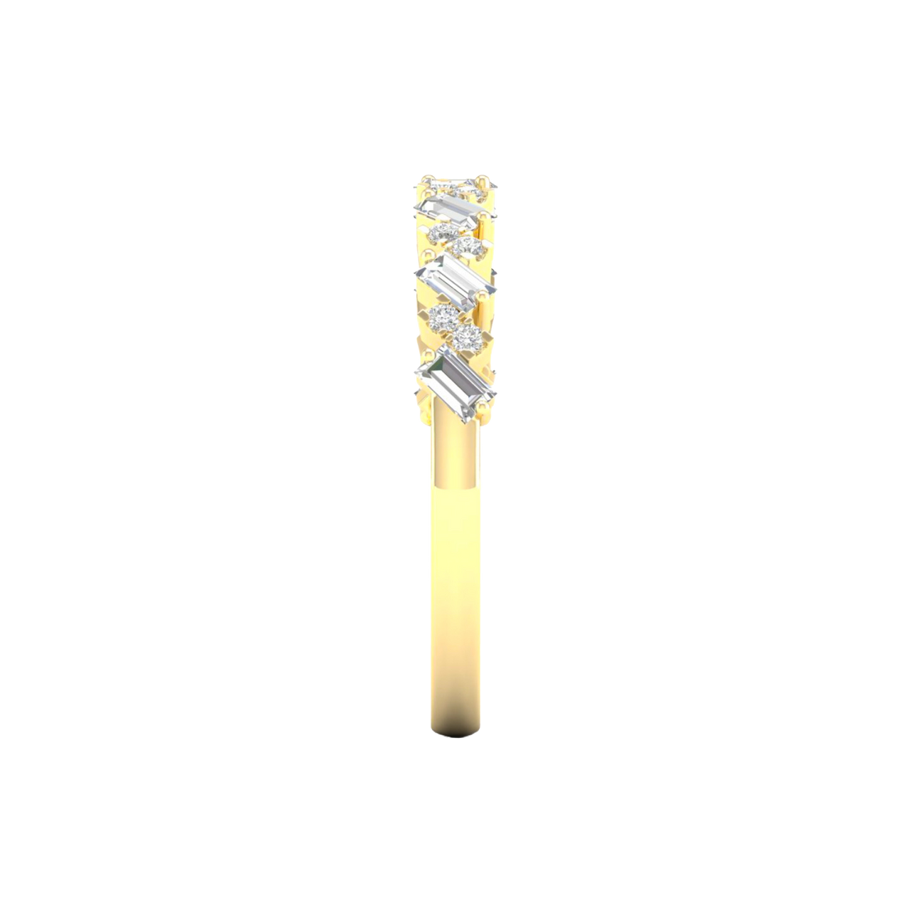 A side-profile view of a 14K yellow gold band ring, showing the height of the diamonds and the thin band.
