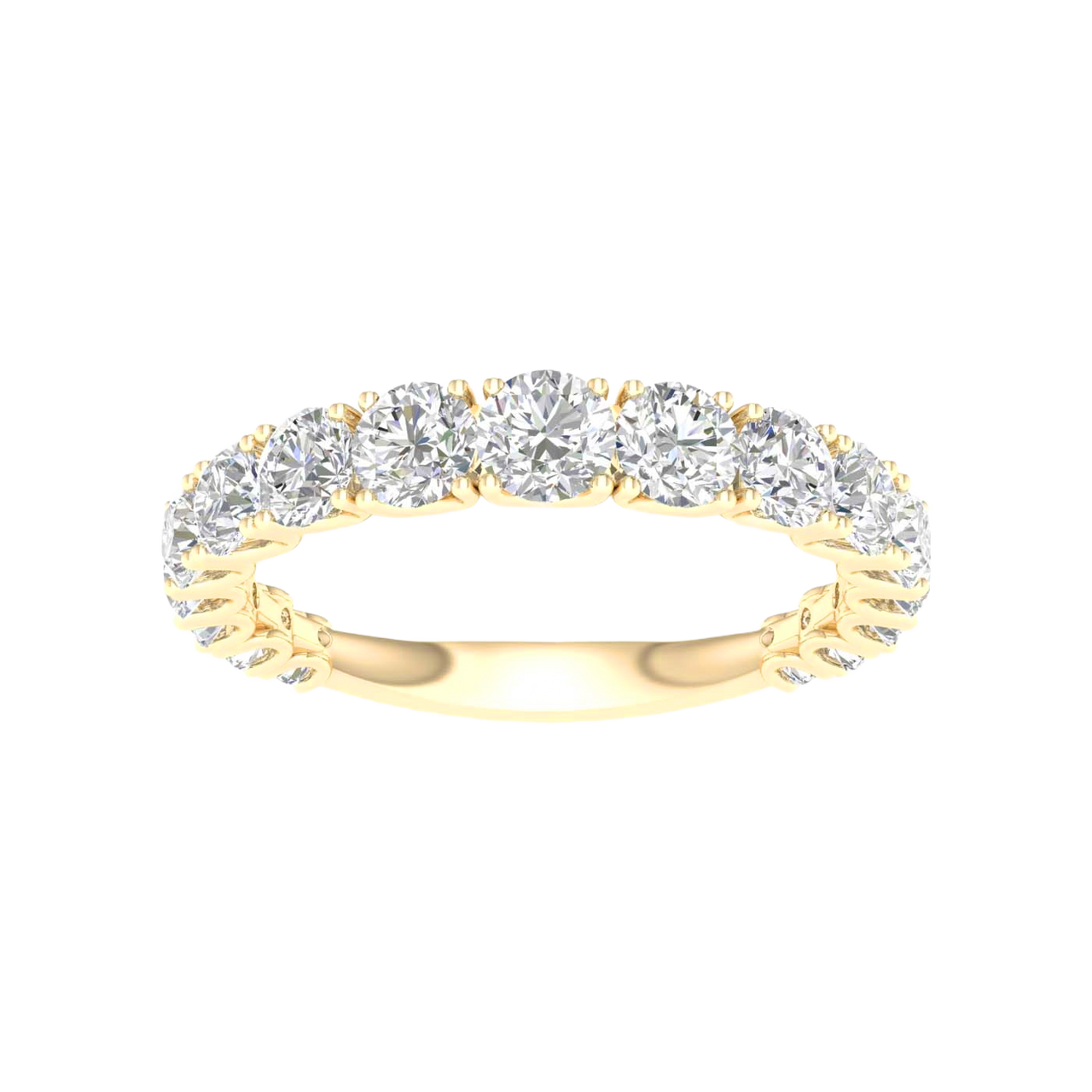 A sophisticated 14k yellow gold wedding band featuring 1.5 total carats of round-cut lab-grown diamonds in a classic 2/3 eternity setting.