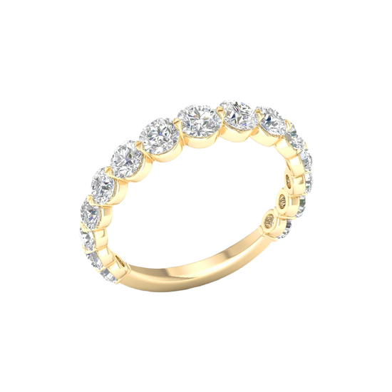 A luxurious 14k yellow gold 2/3 eternity wedding band featuring 1.5 total carats of graduated round-cut lab-grown diamonds.