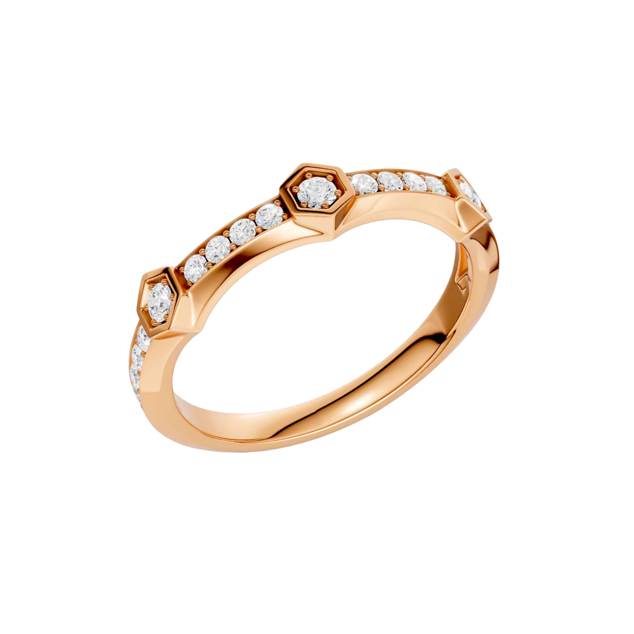 An angled view of a 14K rose gold geometric ring, showcasing the geometric links and pavé diamonds.