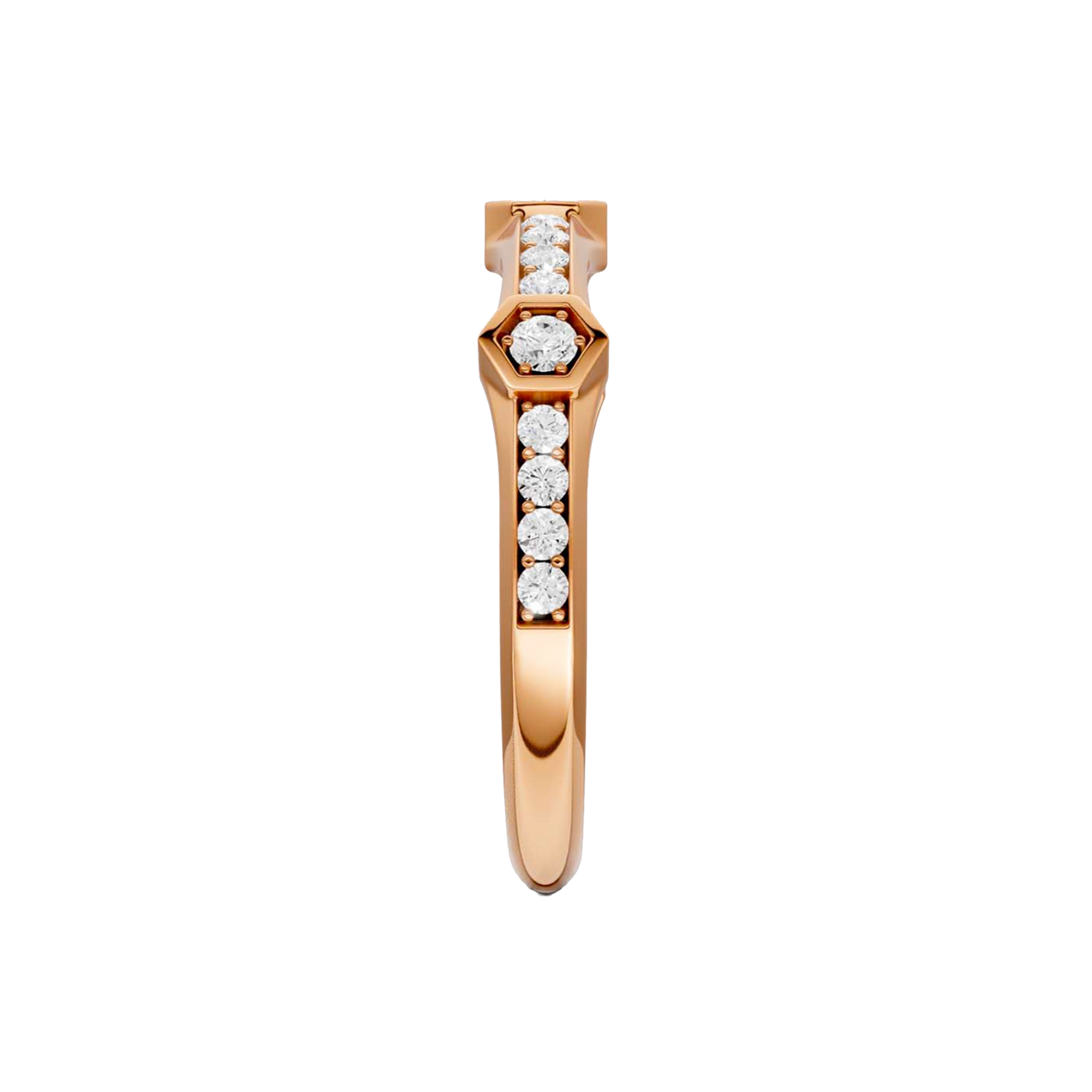 A side-profile view of a 14K rose gold geometric ring, showing the fluid band and the bezel-set diamonds.