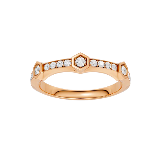 A top-down view of a 14K rose gold ring with a series of geometric links and bezel-set diamonds.