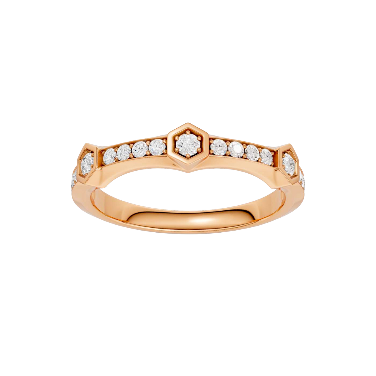 A top-down view of a 14K rose gold ring with a series of geometric links and bezel-set diamonds.