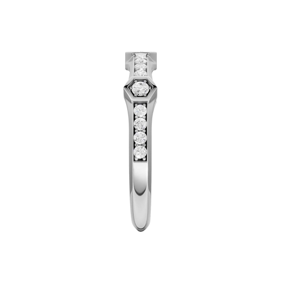 A side-profile view of a 14K white gold geometric ring, showing the fluid band and the bezel-set diamonds.
