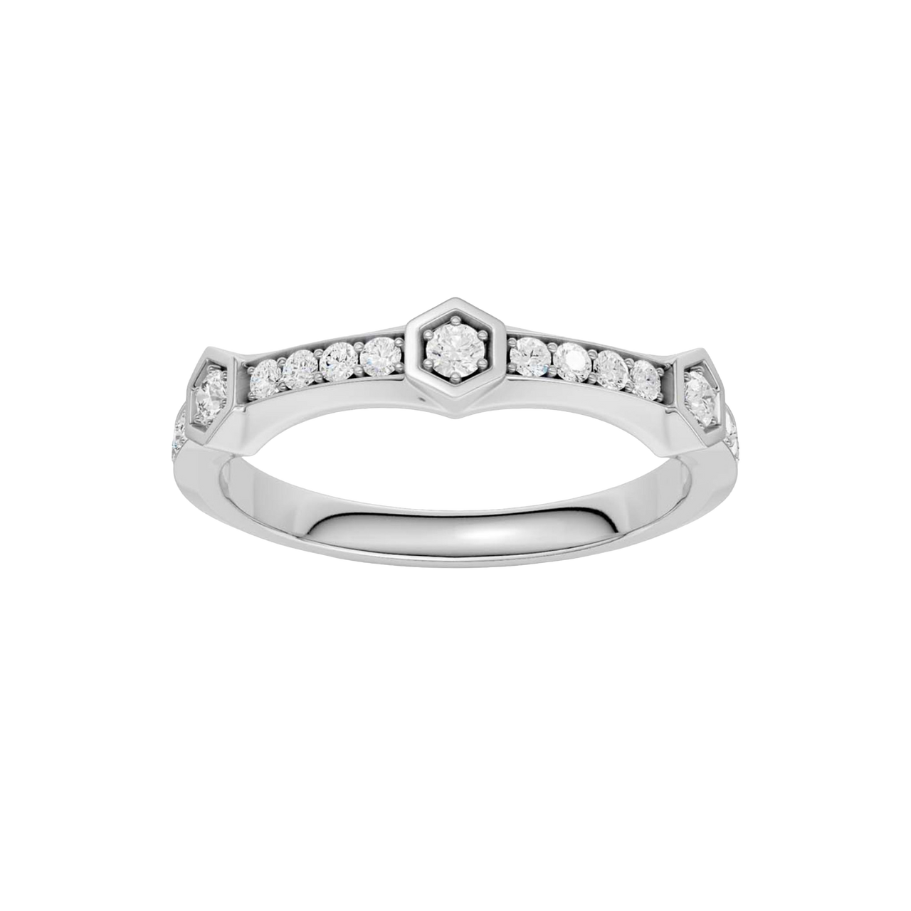 A top-down view of a 14K white gold ring with a series of geometric links and bezel-set diamonds.