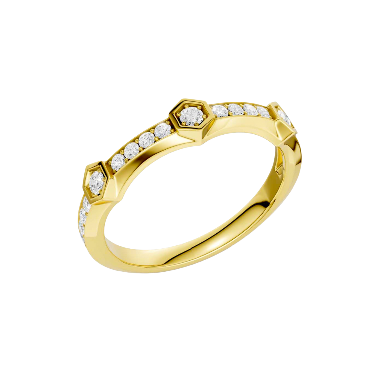An angled view of a 14K yellow gold geometric ring, showcasing the geometric links and pavé diamonds.