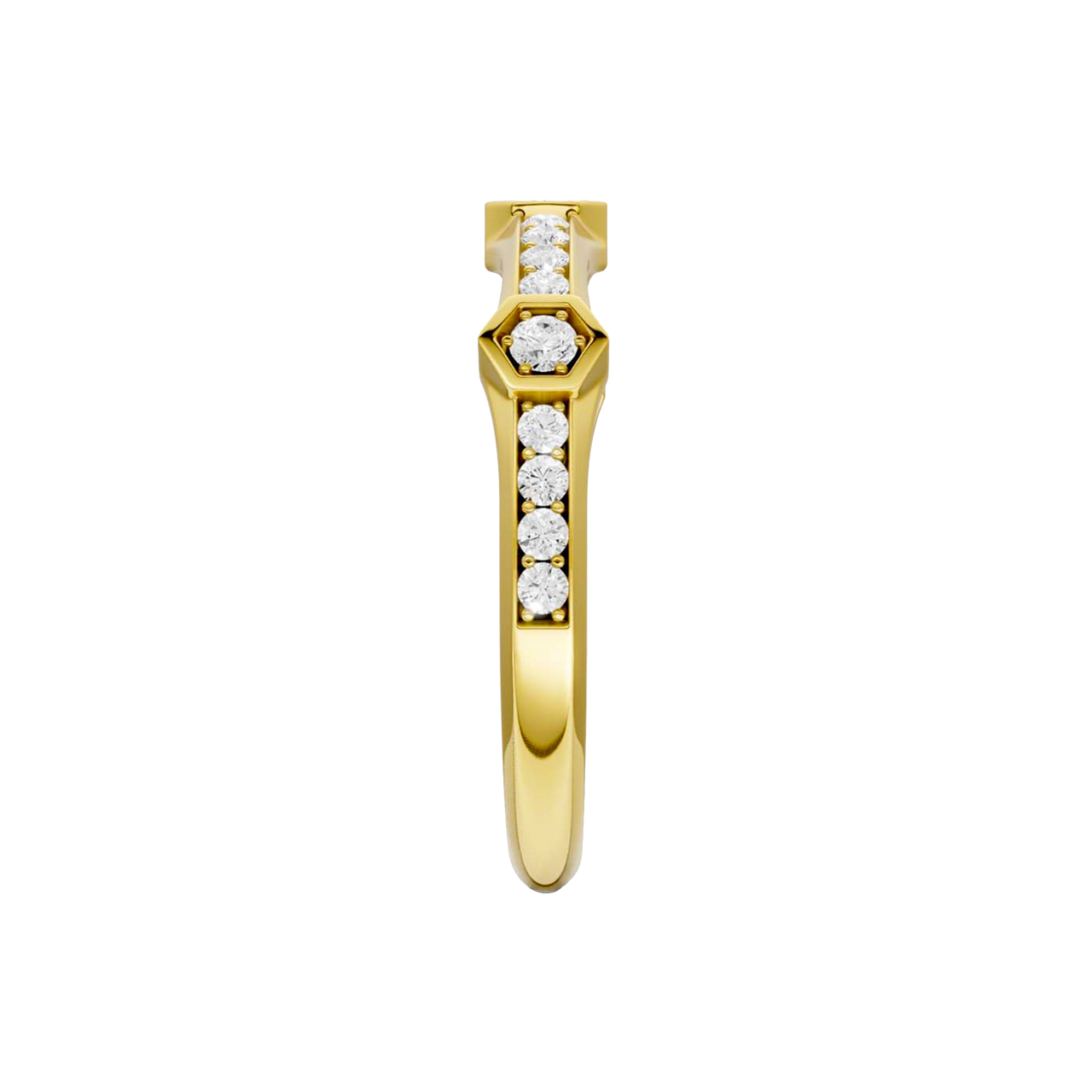 A side-profile view of a 14K yellow gold geometric ring, showing the fluid band and the bezel-set diamonds.