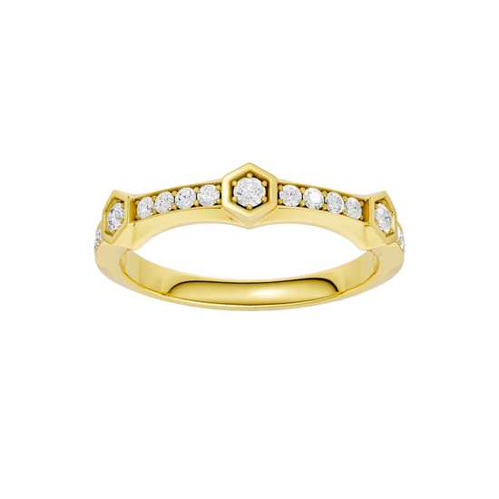 A top-down view of a 14K yellow gold ring with a series of geometric links and bezel-set diamonds.