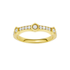 A top-down view of a 14K yellow gold ring with a series of geometric links and bezel-set diamonds.