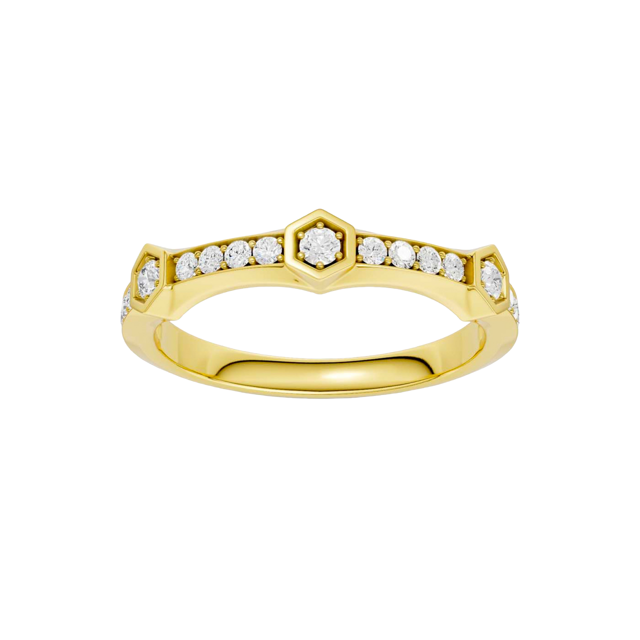 A top-down view of a 14K yellow gold ring with a series of geometric links and bezel-set diamonds.