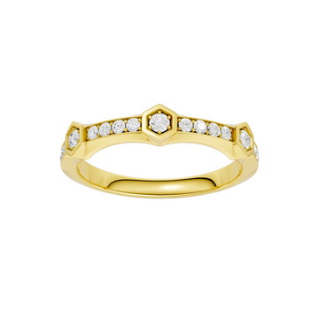 A top-down view of a 14K yellow gold ring with a series of geometric links and bezel-set diamonds.