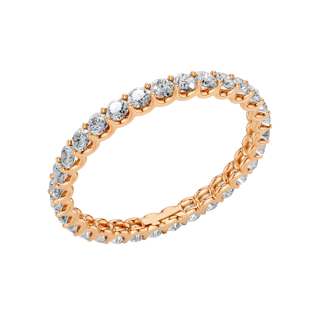 Amorati Diamonds, Infinity Loop Full Eternity Ring, an angled view of a 10K rose gold eternity band, showcasing the brilliant row of round jewels.
