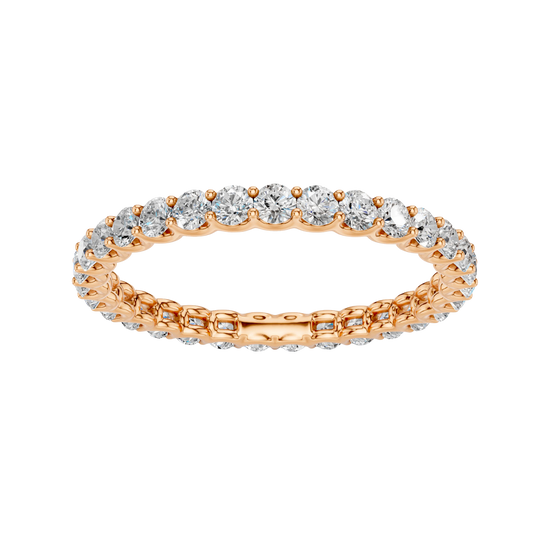 Amorati Diamonds, Infinity Loop Full Eternity Ring, a top-down view of a 10K rose gold eternity band with a continuous line of brilliant round jewels.